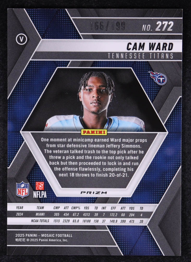 Cam Ward 2025 Panini Mosaic Mosaic Orange #272 VAR #166/199 RC at PristineAuction.com Cam Ward 2025 Panini Mosaic Mosaic Orange #272 VAR #166/199 RC at PristineAuction.com