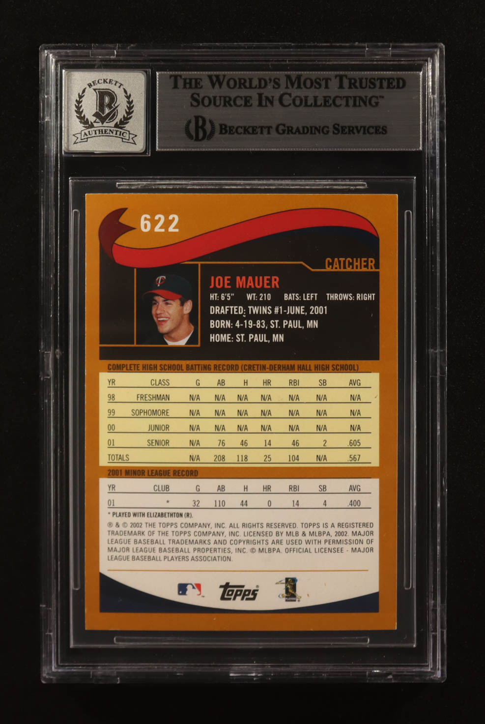 Joe Mauer Signed 2002 Topps Draft Picks #622 RC (BGS | Autograph Graded BGS 10) at PristineAuction.com Joe Mauer Signed 2002 Topps Draft Picks #622 RC (BGS | Autograph Graded BGS 10) at PristineAuction.com