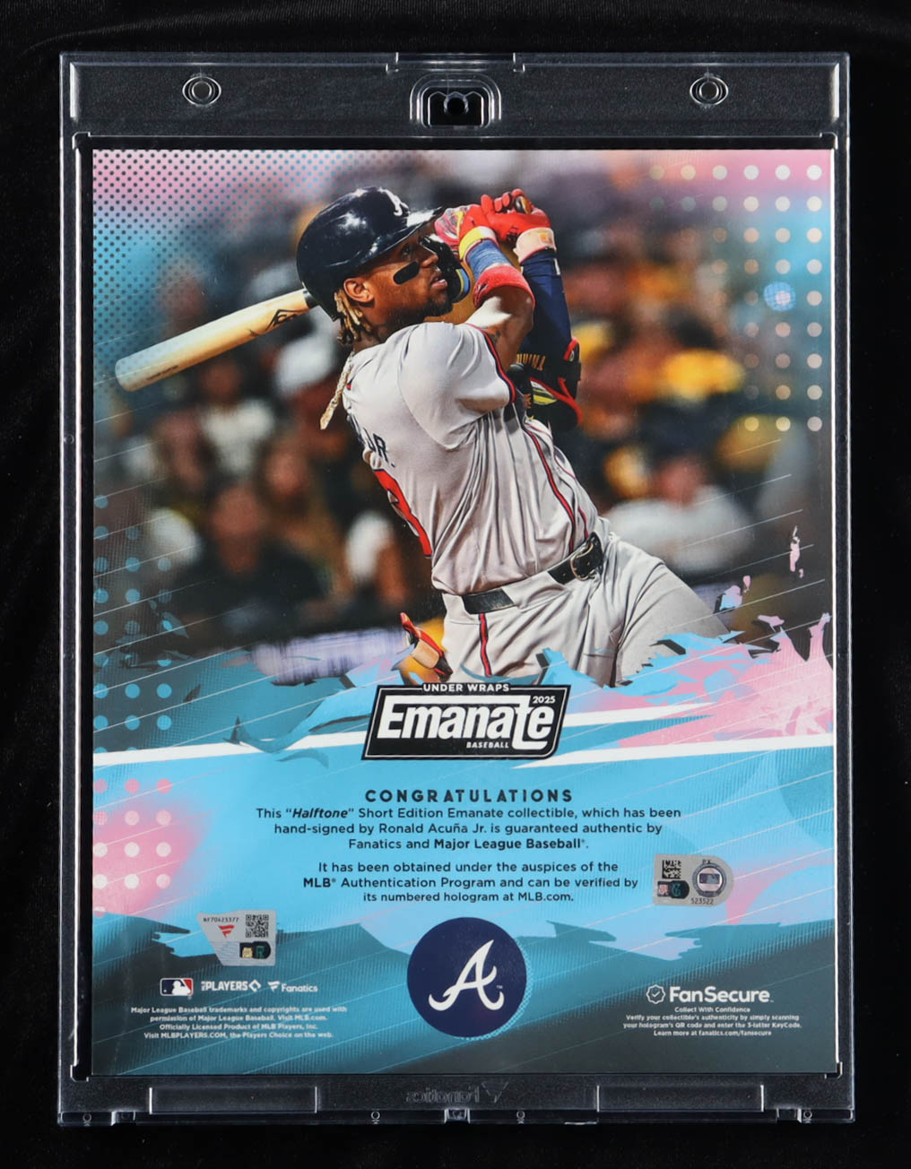Ronald Acuna Jr. Signed 2025 Under Wraps Short Edition Emanate 8x10 Card (MLB & Fanatics) at PristineAuction.com Ronald Acuna Jr. Signed 2025 Under Wraps Short Edition Emanate 8x10 Card (MLB & Fanatics) at PristineAuction.com