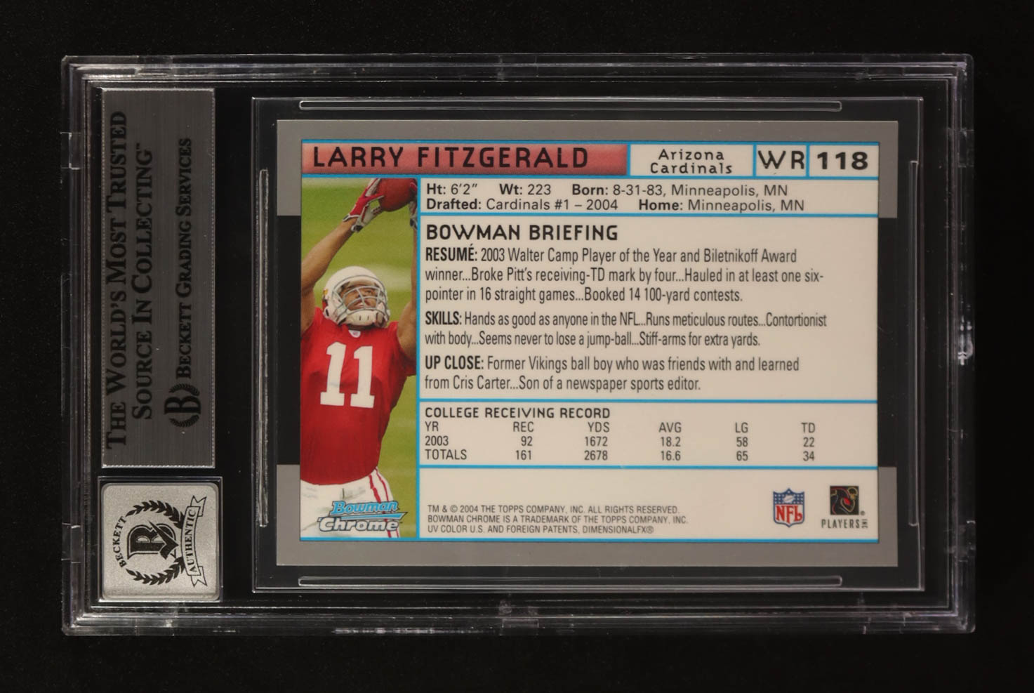 Larry Fitzgerald Signed 2004 Bowman Chrome #118 RC (BGS | Autograph Graded BGS 10) at PristineAuction.com Larry Fitzgerald Signed 2004 Bowman Chrome #118 RC (BGS | Autograph Graded BGS 10) at PristineAuction.com