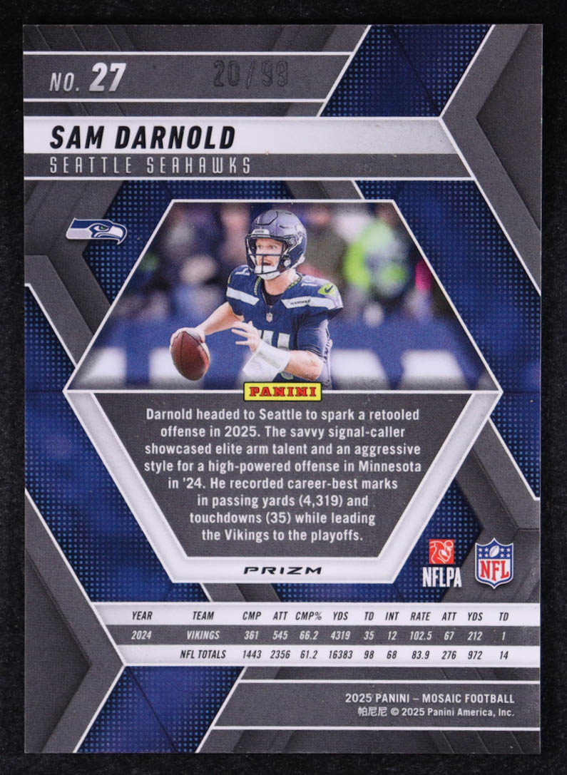 Sam Darnold 2025 Panini Mosaic Mosaic Blue #27 #20/99 at PristineAuction.com Sam Darnold 2025 Panini Mosaic Mosaic Blue #27 #20/99 at PristineAuction.com