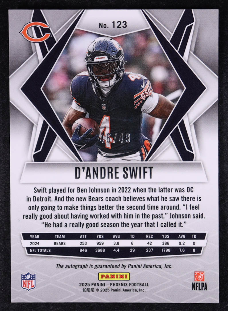 D'Andre Swift 2025 Panini Phoenix Autographs Blue #123 #46/49 at PristineAuction.com D'Andre Swift 2025 Panini Phoenix Autographs Blue #123 #46/49 at PristineAuction.com