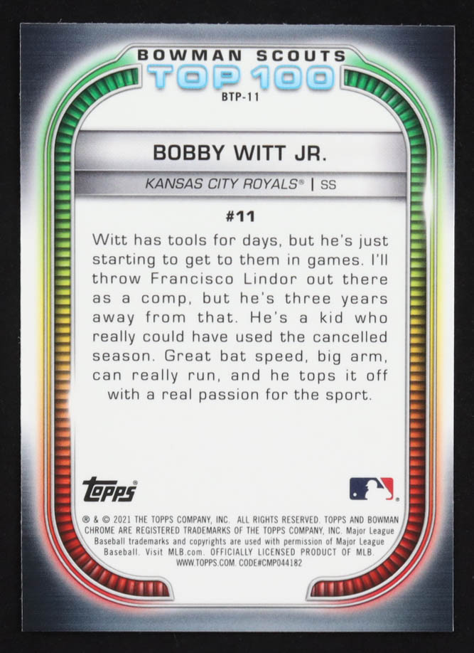 Bobby Witt Jr. 2021 Bowman Chrome Scouts Top 100 Refractors #BTP11 RC at PristineAuction.com Bobby Witt Jr. 2021 Bowman Chrome Scouts Top 100 Refractors #BTP11 RC at PristineAuction.com