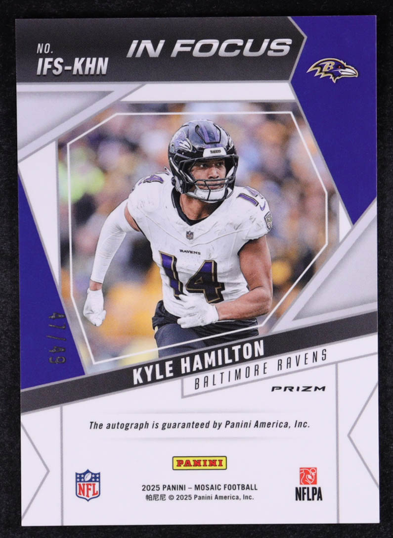 Kyle Hamilton 2025 Panini Mosaic In Focus Signatures Purple #11 #47/49 at PristineAuction.com Kyle Hamilton 2025 Panini Mosaic In Focus Signatures Purple #11 #47/49 at PristineAuction.com