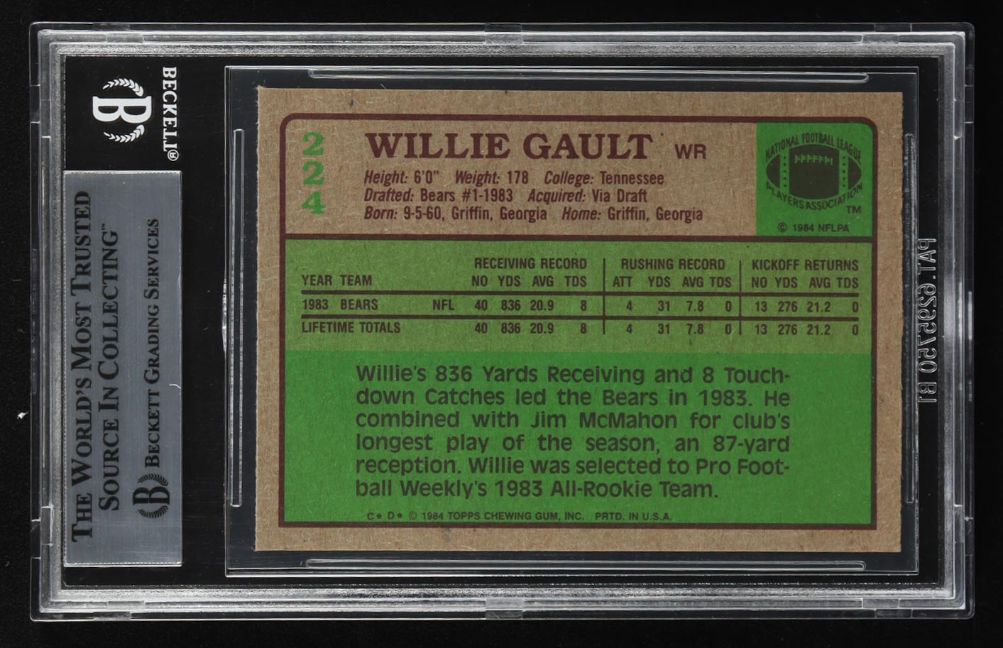 Willie Gault Signed 1984 Topps #224 RC (BGS) at PristineAuction.com Willie Gault Signed 1984 Topps #224 RC (BGS) at PristineAuction.com