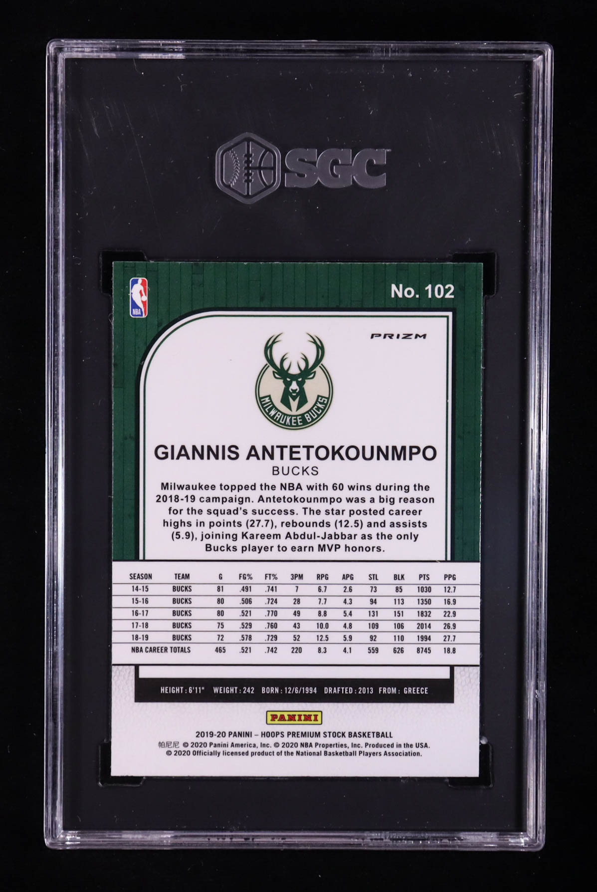 Giannis Antetokounmpo 2019-20 Hoops Premium Stock Prizms Blue Cracked Ice #102 (SGC 9.5) at PristineAuction.com Giannis Antetokounmpo 2019-20 Hoops Premium Stock Prizms Blue Cracked Ice #102 (SGC 9.5) at PristineAuction.com