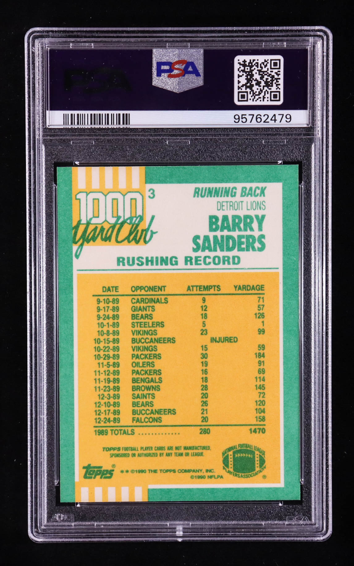 Barry Sanders 1990 Topps 1000 Yard Club Disclaimer Back #3 (PSA 9) at PristineAuction.com Barry Sanders 1990 Topps 1000 Yard Club Disclaimer Back #3 (PSA 9) at PristineAuction.com