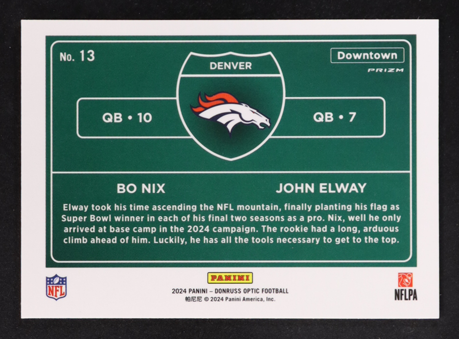 Bo Nix / John Elway 2024 Donruss Optic Downtown Duos #13 RC at PristineAuction.com Bo Nix / John Elway 2024 Donruss Optic Downtown Duos #13 RC at PristineAuction.com