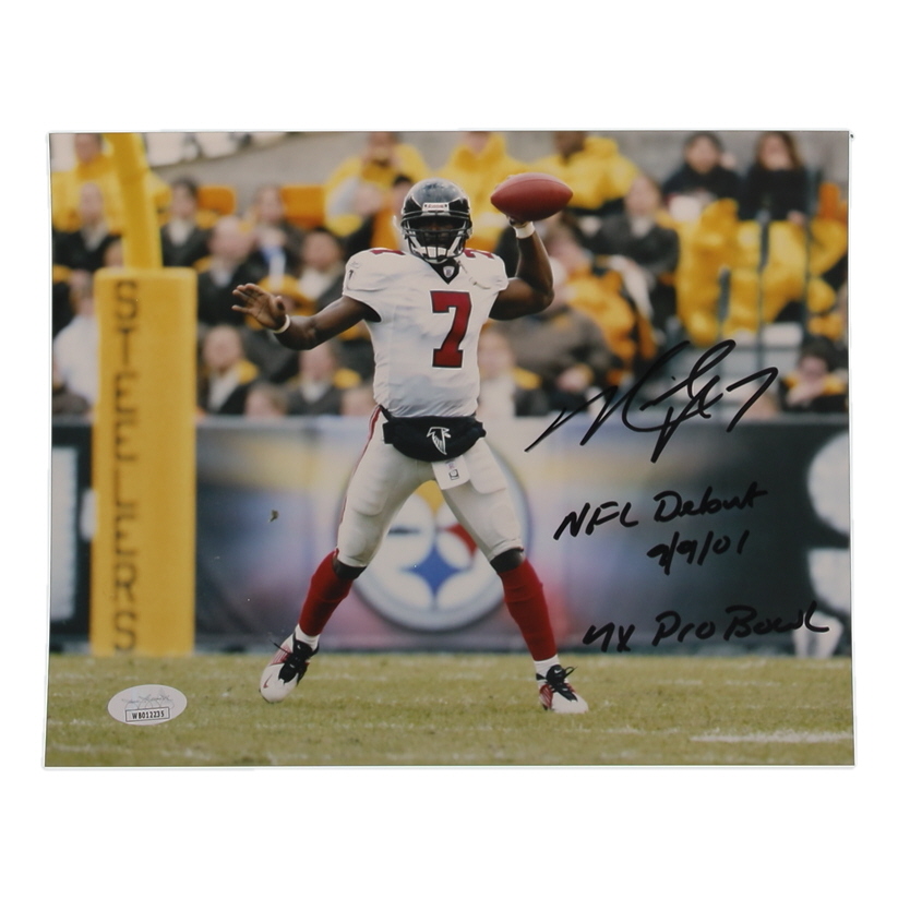 Michael Vick Signed Falcons 8x10 Photo Inscribed "4x Pro Bowl" & "NFL Debut 9/9/01" (JSA) at PristineAuction.com Michael Vick Signed Falcons 8x10 Photo Inscribed "4x Pro Bowl" & "NFL Debut 9/9/01" (JSA) at PristineAuction.com