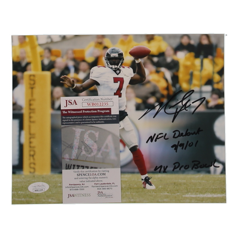 Michael Vick Signed Falcons 8x10 Photo Inscribed "4x Pro Bowl" & "NFL Debut 9/9/01" (JSA) at PristineAuction.com Michael Vick Signed Falcons 8x10 Photo Inscribed "4x Pro Bowl" & "NFL Debut 9/9/01" (JSA) at PristineAuction.com