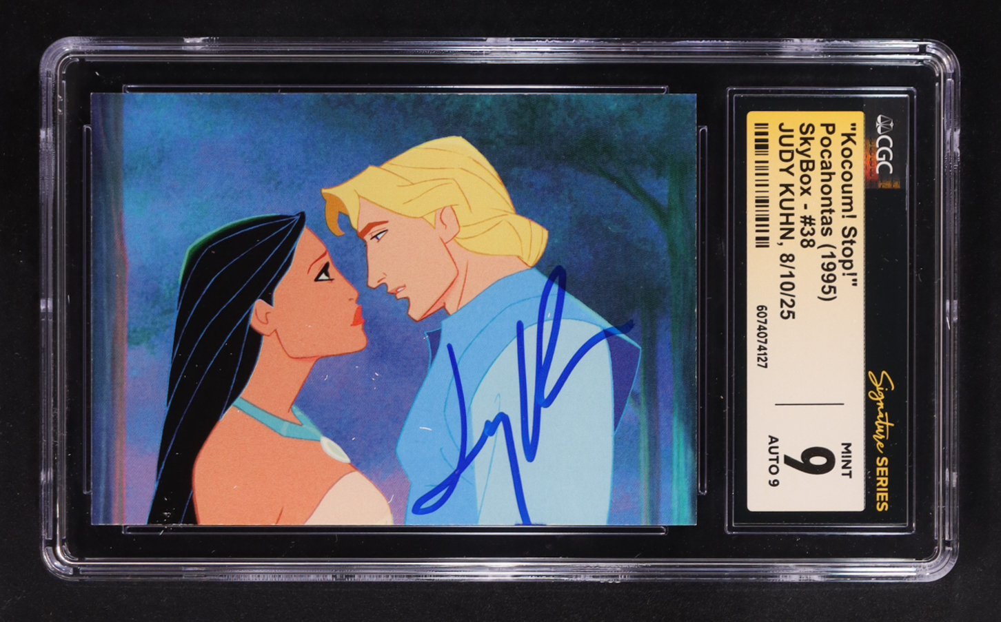 Judy Kuhn Signed 1995 SkyBox Pocahontas #38 "Kocoum! Stop!" (CGC 9 | Auto 9) at PristineAuction.com Judy Kuhn Signed 1995 SkyBox Pocahontas #38 "Kocoum! Stop!" (CGC 9 | Auto 9) at PristineAuction.com