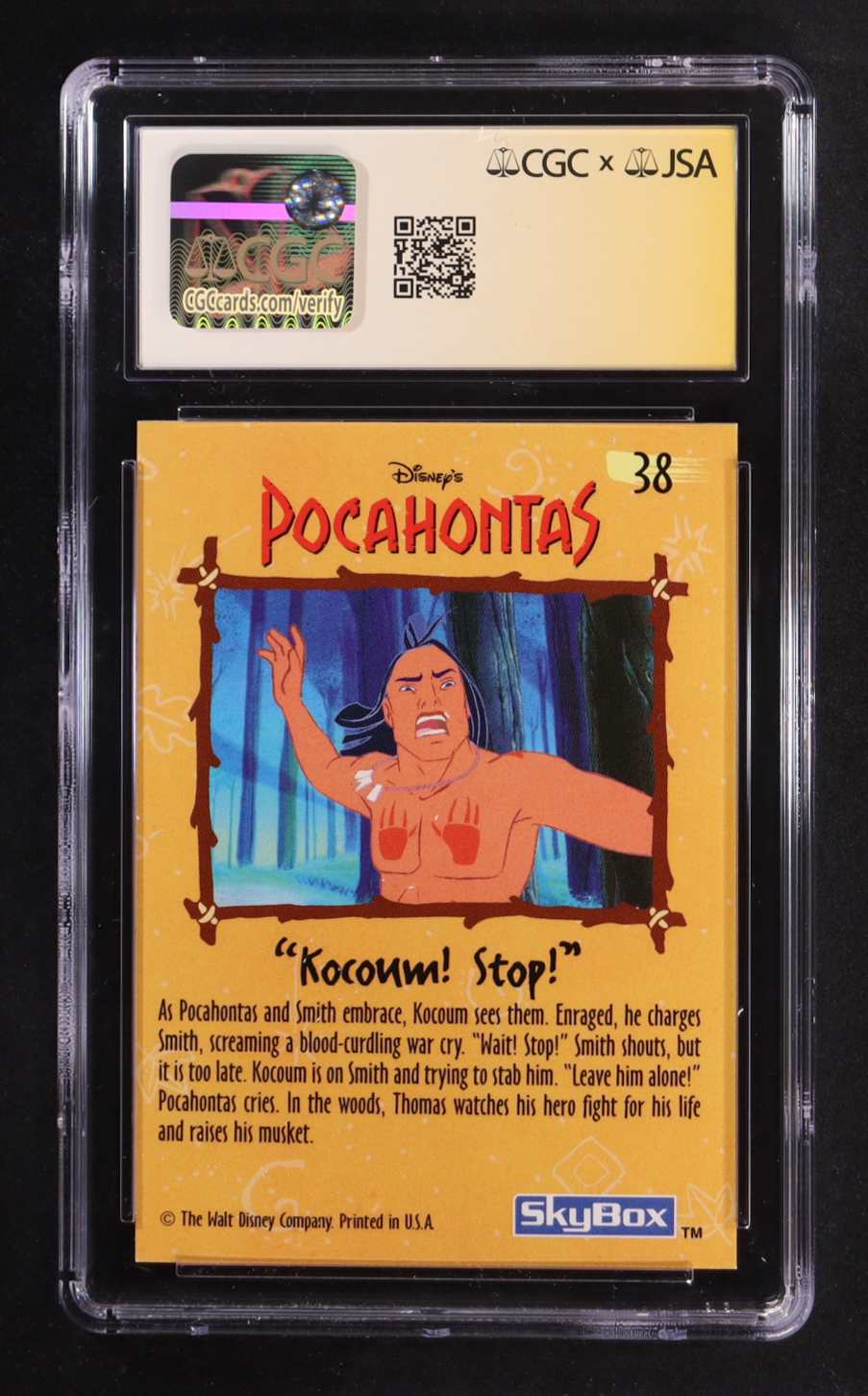 Judy Kuhn Signed 1995 SkyBox Pocahontas #38 "Kocoum! Stop!" (CGC 9 | Auto 9) at PristineAuction.com Judy Kuhn Signed 1995 SkyBox Pocahontas #38 "Kocoum! Stop!" (CGC 9 | Auto 9) at PristineAuction.com