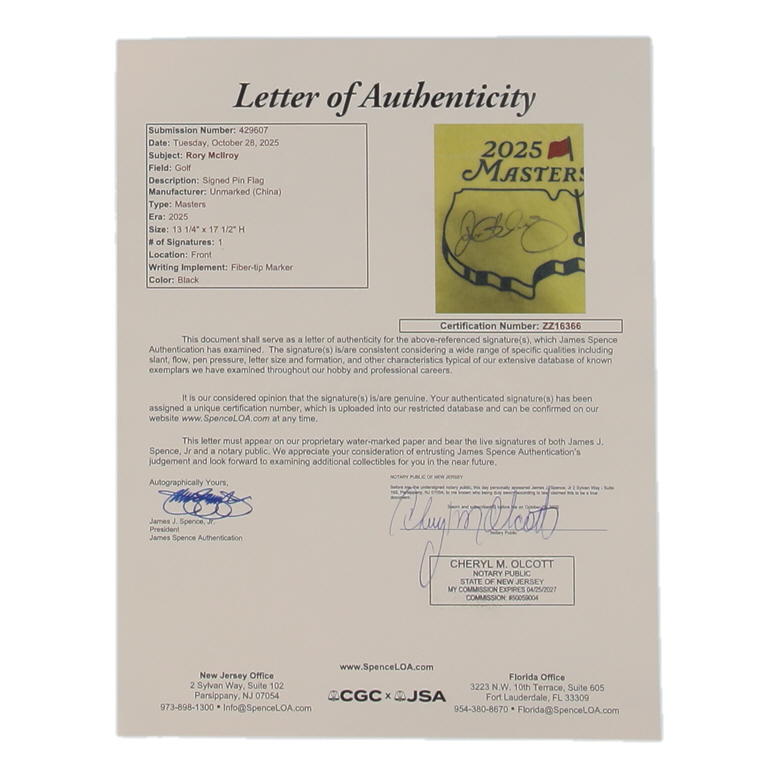 Rory McIlroy Signed 2025 Masters Tournament Pin Flag (JSA) at PristineAuction.com Rory McIlroy Signed 2025 Masters Tournament Pin Flag (JSA) at PristineAuction.com