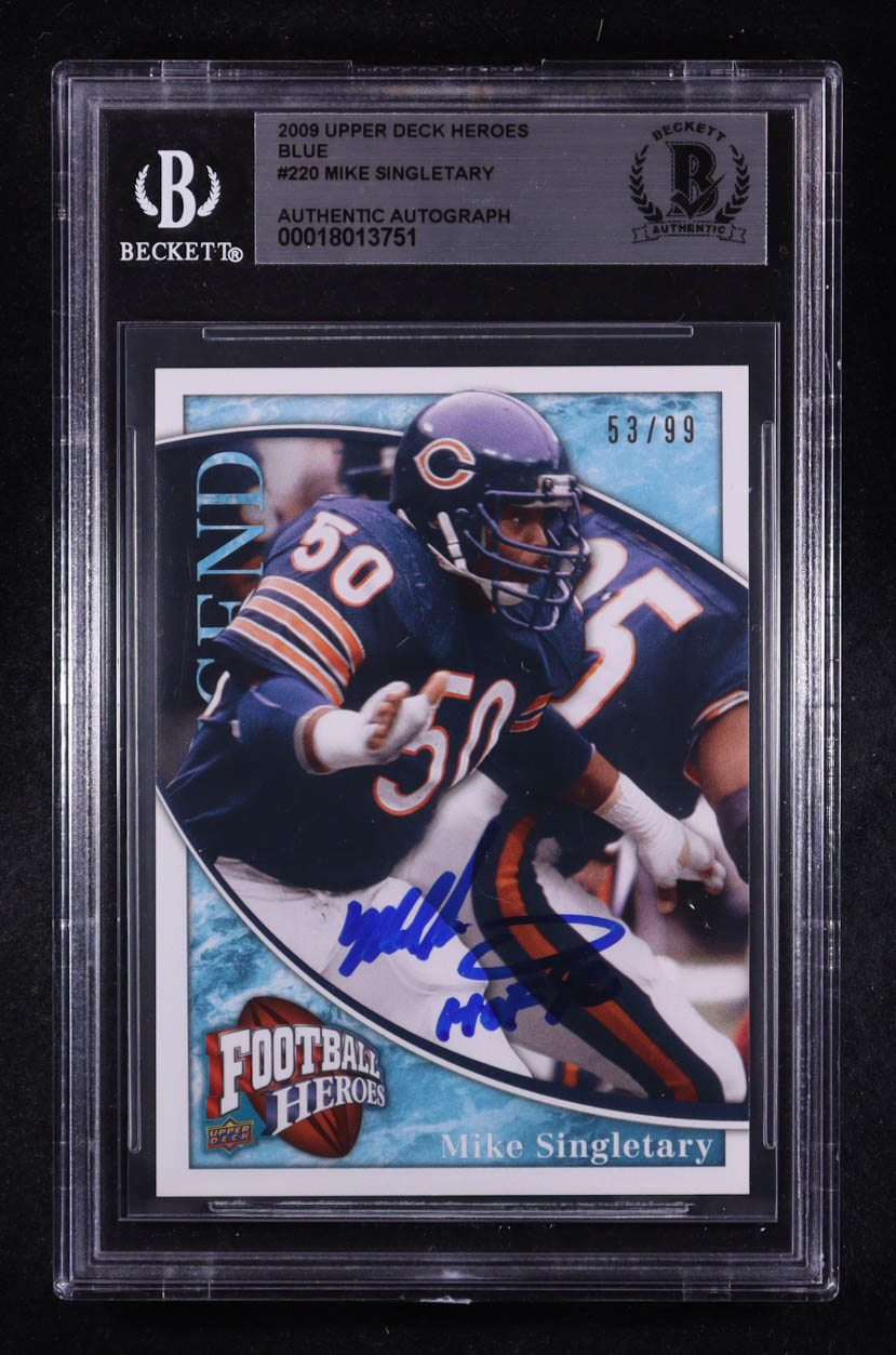 Mike Singletary Signed 2009 Upper Deck Heroes Blue Inscribed "HOF 98" #220 #53/99 (BGS) at PristineAuction.com Mike Singletary Signed 2009 Upper Deck Heroes Blue Inscribed "HOF 98" #220 #53/99 (BGS) at PristineAuction.com