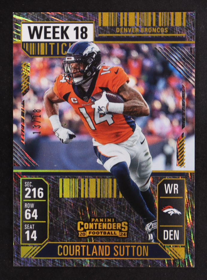 Courtland Sutton 2024 Panini Contenders Week 18 Ticket #28 #13/18 at PristineAuction.com Courtland Sutton 2024 Panini Contenders Week 18 Ticket #28 #13/18 at PristineAuction.com