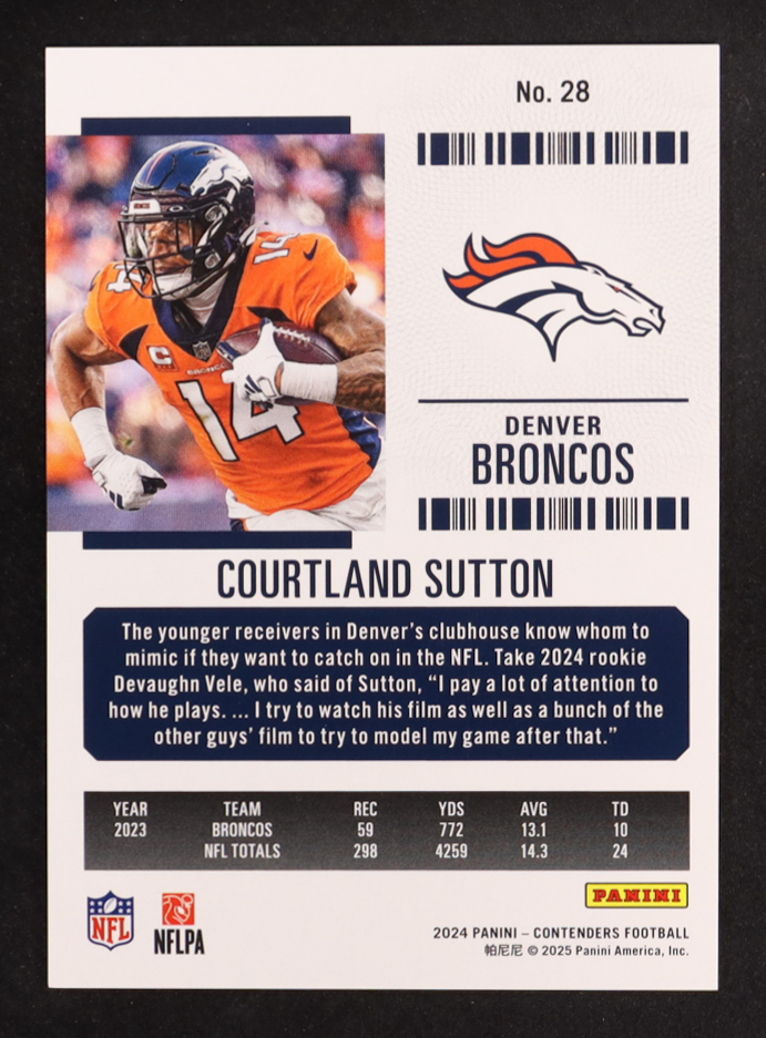 Courtland Sutton 2024 Panini Contenders Week 18 Ticket #28 #13/18 at PristineAuction.com Courtland Sutton 2024 Panini Contenders Week 18 Ticket #28 #13/18 at PristineAuction.com