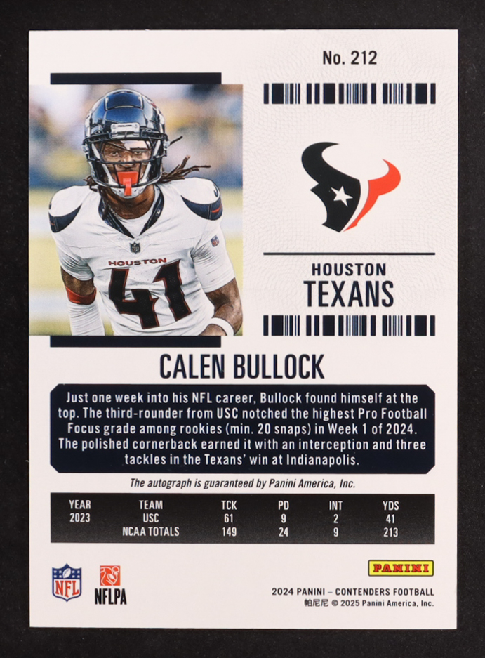 Calen Bullock 2024 Panini Contenders Conference Ticket #212 #21/75 RC at PristineAuction.com Calen Bullock 2024 Panini Contenders Conference Ticket #212 #21/75 RC at PristineAuction.com
