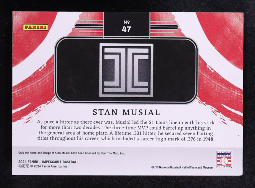 Stan Musial 2024 Panini Impeccable Cooperstown Logo Silver #47 #02/25 at PristineAuction.com Stan Musial 2024 Panini Impeccable Cooperstown Logo Silver #47 #02/25 at PristineAuction.com