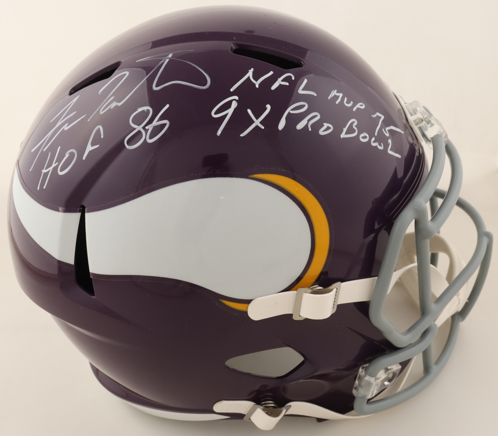 Fran Tarkenton Signed Vikings Full-Size Speed Helmet Inscribed “HOF 86”, “NFL MVP 75”, & “9X Pro Bowl” (JSA) at PristineAuction.com Fran Tarkenton Signed Vikings Full-Size Speed Helmet Inscribed “HOF 86”, “NFL MVP 75”, & “9X Pro Bowl” (JSA) at PristineAuction.com