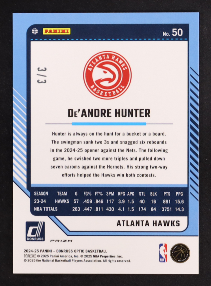 De'Andre Hunter 2024-25 Donruss Optic Black FOTL #50 #3/3 at PristineAuction.com De'Andre Hunter 2024-25 Donruss Optic Black FOTL #50 #3/3 at PristineAuction.com