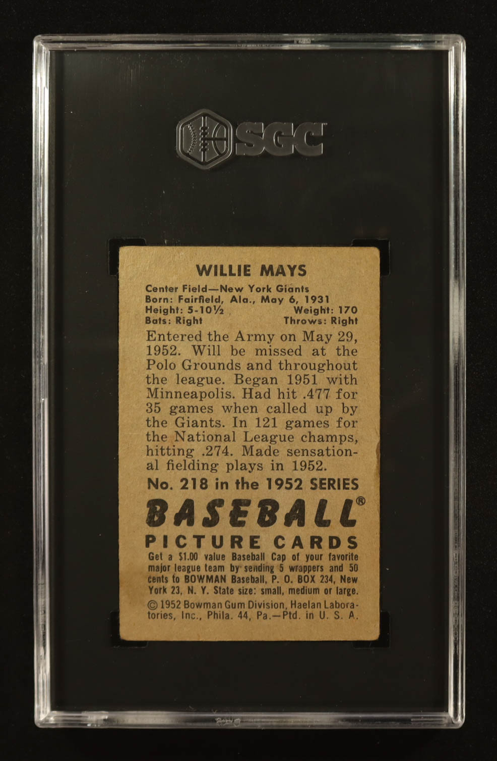 Willie Mays 1952 Bowman #218 (SGC 1) at PristineAuction.com Willie Mays 1952 Bowman #218 (SGC 1) at PristineAuction.com
