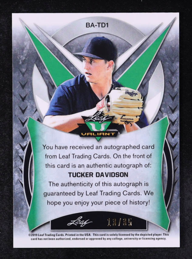 Tucker Davidson 2019 Leaf Valiant Orange Prismatic #BATD1 #13/35 RC at PristineAuction.com Tucker Davidson 2019 Leaf Valiant Orange Prismatic #BATD1 #13/35 RC at PristineAuction.com