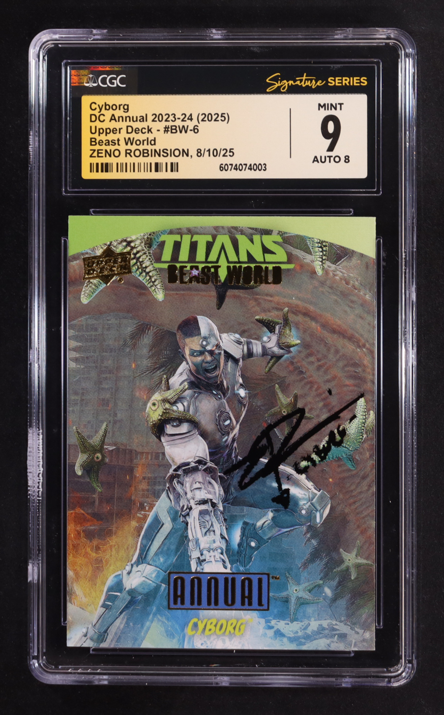 Zeno Robinson Signed 2023-24 Upper Deck DC Annual Beast World #BW6 Cyborg (CGC 10 | Auto 10) at PristineAuction.com Zeno Robinson Signed 2023-24 Upper Deck DC Annual Beast World #BW6 Cyborg (CGC 10 | Auto 10) at PristineAuction.com