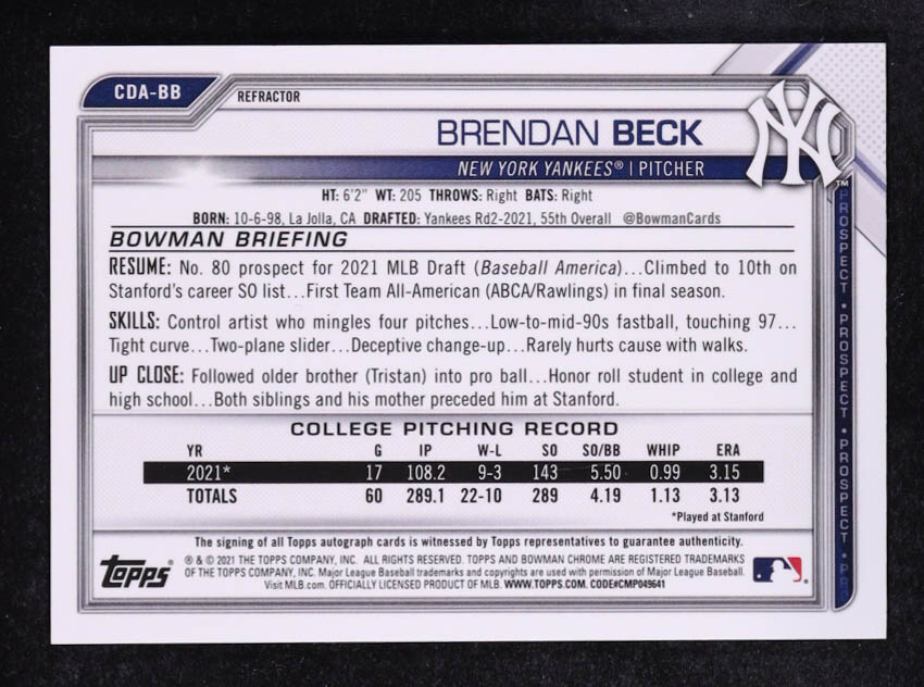 Brendan Beck 2021 Bowman Chrome Draft Autographs Refractors #CDABB #082/499 RC at PristineAuction.com Brendan Beck 2021 Bowman Chrome Draft Autographs Refractors #CDABB #082/499 RC at PristineAuction.com