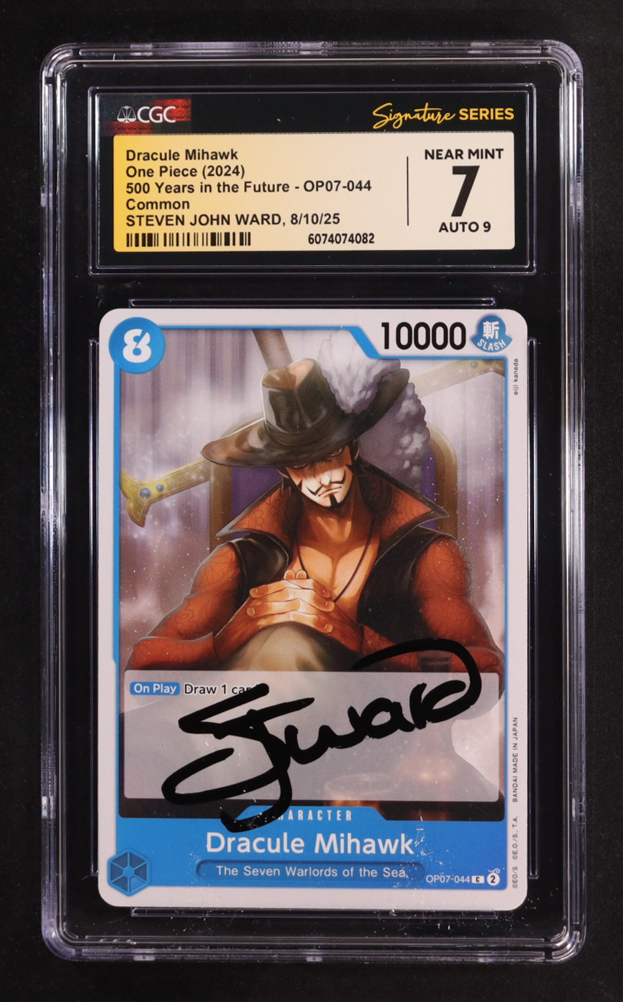 Steven John Ward Signed 2024 One Piece Card Game 500 Years in the Future #OP07044 Dracule Mihawk (CGC 7 | Auto 9) at PristineAuction.com Steven John Ward Signed 2024 One Piece Card Game 500 Years in the Future #OP07044 Dracule Mihawk (CGC 7 | Auto 9) at PristineAuction.com
