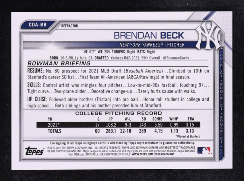 Brendan Beck 2021 Bowman Chrome Draft Autographs Refractors #CDABB #448/499 RC at PristineAuction.com Brendan Beck 2021 Bowman Chrome Draft Autographs Refractors #CDABB #448/499 RC at PristineAuction.com