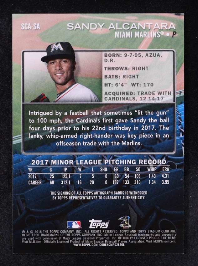 Sandy Alcantara 2018 Stadium Club Autographs #SCASA RC at PristineAuction.com Sandy Alcantara 2018 Stadium Club Autographs #SCASA RC at PristineAuction.com