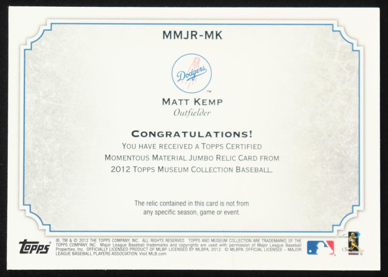 Matt Kemp 2012 Topps Museum Collection Momentous Material Jumbo Relics #MK #21/50 at PristineAuction.com Matt Kemp 2012 Topps Museum Collection Momentous Material Jumbo Relics #MK #21/50 at PristineAuction.com