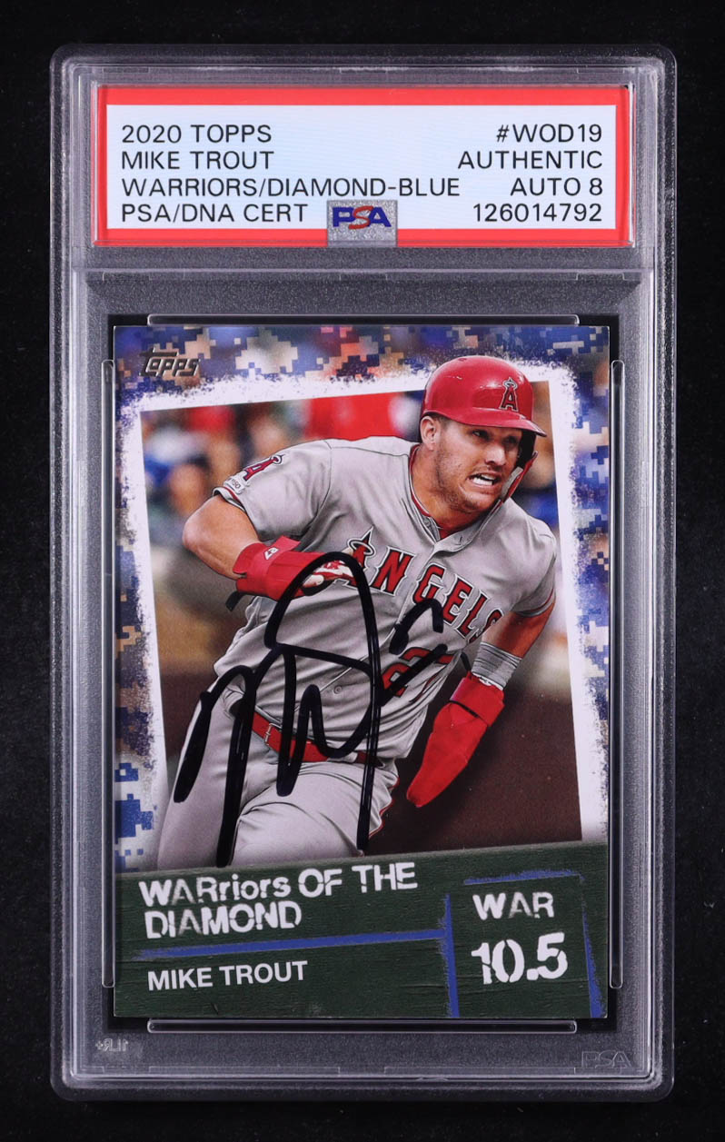 Mike Trout Signed 2020 Topps Warriors/Diamond Blue #WOD19 (PSA | Autograph Graded PSA 8) at PristineAuction.com Mike Trout Signed 2020 Topps Warriors/Diamond Blue #WOD19 (PSA | Autograph Graded PSA 8) at PristineAuction.com