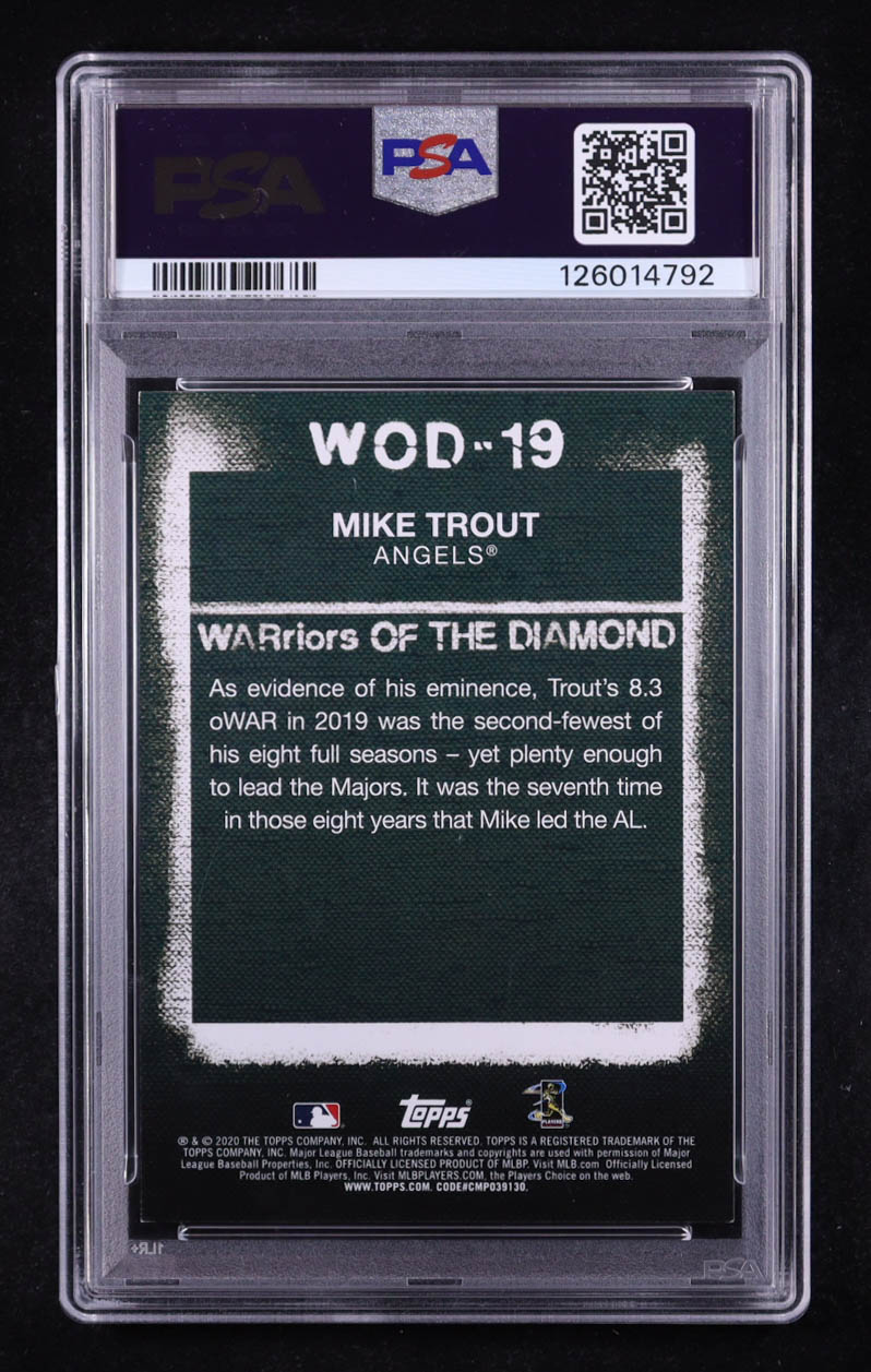 Mike Trout Signed 2020 Topps Warriors/Diamond Blue #WOD19 (PSA | Autograph Graded PSA 8) at PristineAuction.com Mike Trout Signed 2020 Topps Warriors/Diamond Blue #WOD19 (PSA | Autograph Graded PSA 8) at PristineAuction.com