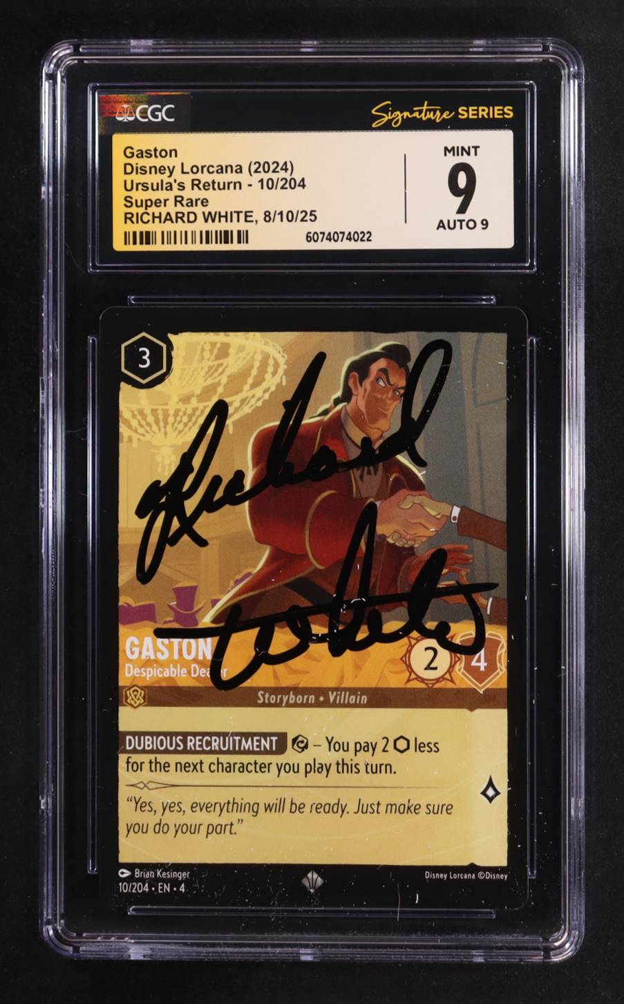 Richard White Signed 2024 Disney Lorcana TCG Ursula's Return #10 Gaston - Despicable Dealer (CGC 9 | Auto 9) at PristineAuction.com Richard White Signed 2024 Disney Lorcana TCG Ursula's Return #10 Gaston - Despicable Dealer (CGC 9 | Auto 9) at PristineAuction.com