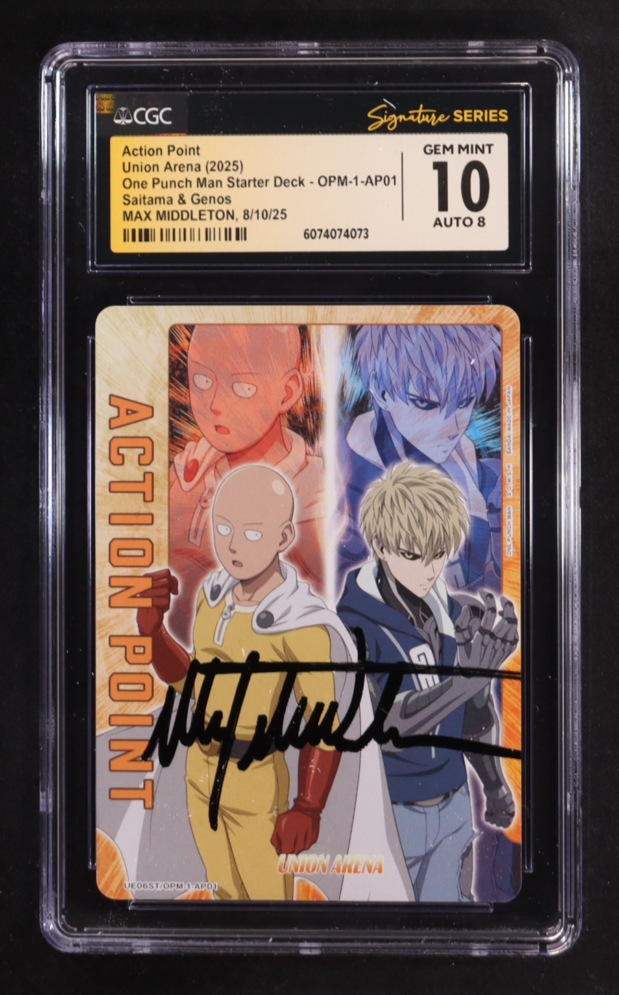 Max Middleton Signed 2025 Union Arena TCG One Punch Man Starter Deck Action Points #UE06STOPM1AP01 Action Point (Saitama/Genos) (CGC 10 | Auto 8) at PristineAuction.com Max Middleton Signed 2025 Union Arena TCG One Punch Man Starter Deck Action Points #UE06STOPM1AP01 Action Point (Saitama/Genos) (CGC 10 | Auto 8) at PristineAuction.com