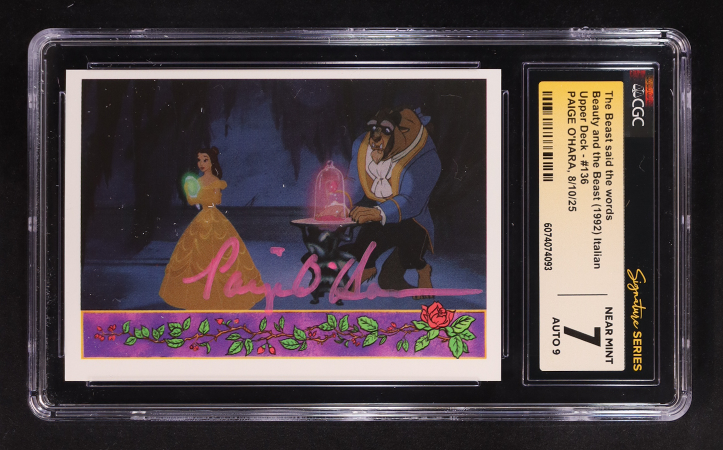 Paige O'Hara Signed 1992 Upper Deck Beauty and the Beast Italian #136 The Beast said the words (CGC 7 | Auto 9) at PristineAuction.com Paige O'Hara Signed 1992 Upper Deck Beauty and the Beast Italian #136 The Beast said the words (CGC 7 | Auto 9) at PristineAuction.com