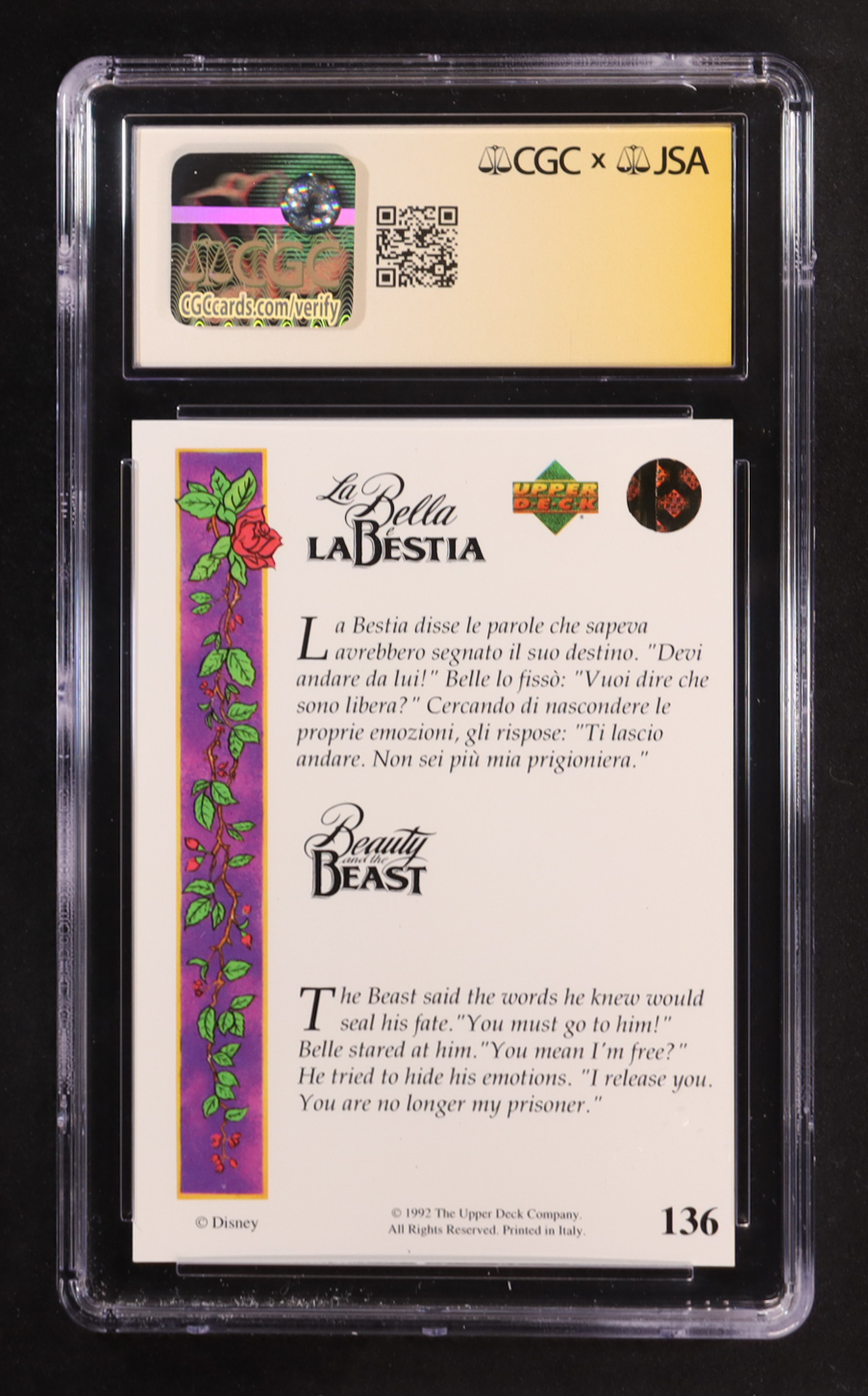 Paige O'Hara Signed 1992 Upper Deck Beauty and the Beast Italian #136 The Beast said the words (CGC 7 | Auto 9) at PristineAuction.com Paige O'Hara Signed 1992 Upper Deck Beauty and the Beast Italian #136 The Beast said the words (CGC 7 | Auto 9) at PristineAuction.com