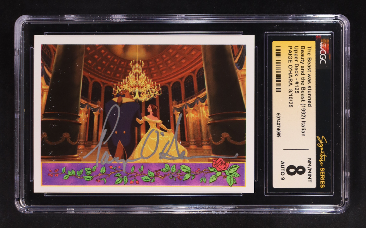 Paige O'Hara Signed 1992 Upper Deck Beauty and the Beast Italian #125 The Beast was stunned (CGC 8 | Auto 9) at PristineAuction.com Paige O'Hara Signed 1992 Upper Deck Beauty and the Beast Italian #125 The Beast was stunned (CGC 8 | Auto 9) at PristineAuction.com
