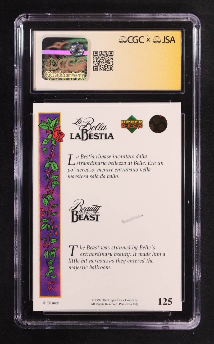 Paige O'Hara Signed 1992 Upper Deck Beauty and the Beast Italian #125 The Beast was stunned (CGC 8 | Auto 9) at PristineAuction.com Paige O'Hara Signed 1992 Upper Deck Beauty and the Beast Italian #125 The Beast was stunned (CGC 8 | Auto 9) at PristineAuction.com