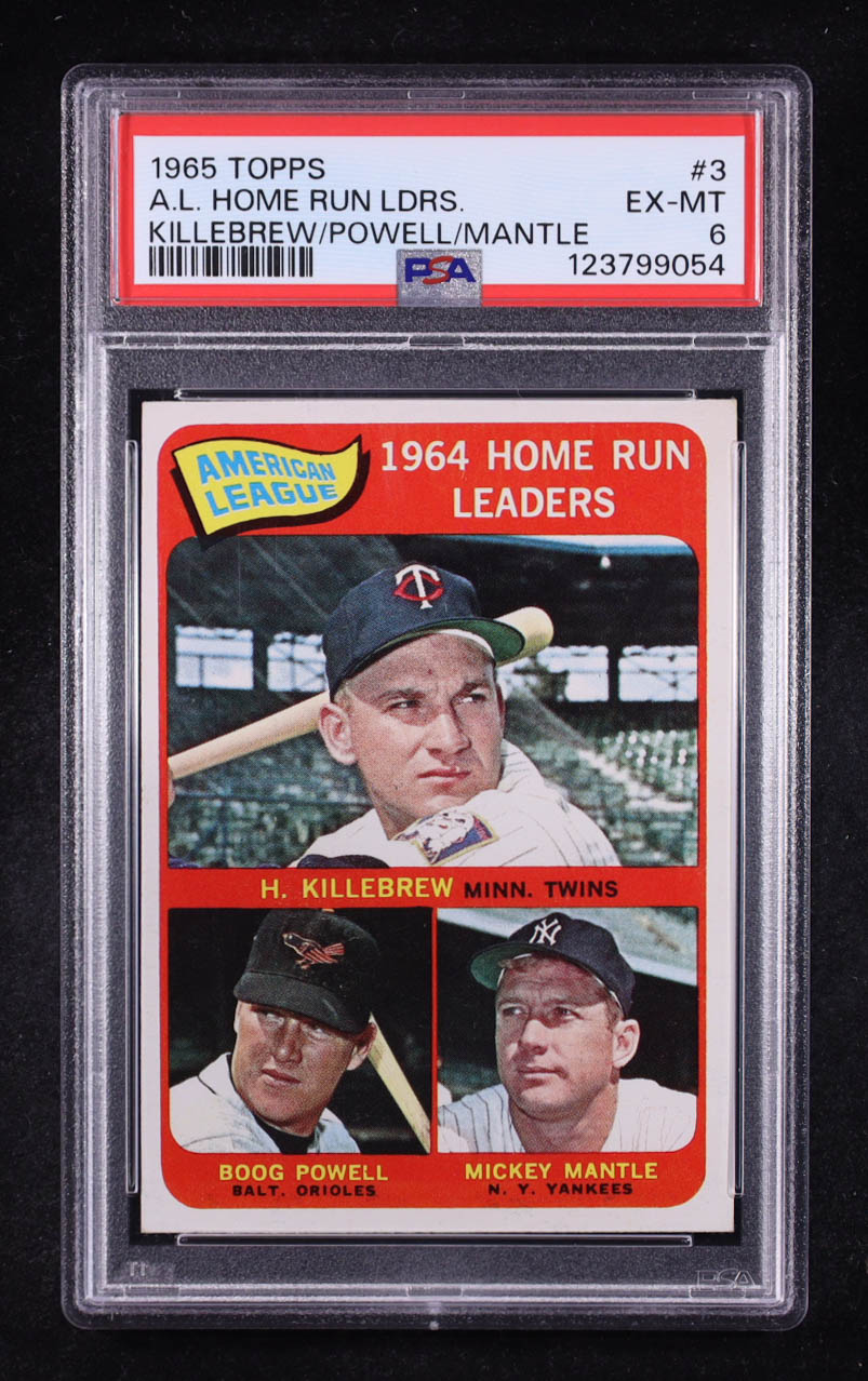 Harmon Killebrew / Mickey Mantle / Boog Powell 1965 Topps #3 AL Home Run Leaders (PSA 6) at PristineAuction.com Harmon Killebrew / Mickey Mantle / Boog Powell 1965 Topps #3 AL Home Run Leaders (PSA 6) at PristineAuction.com