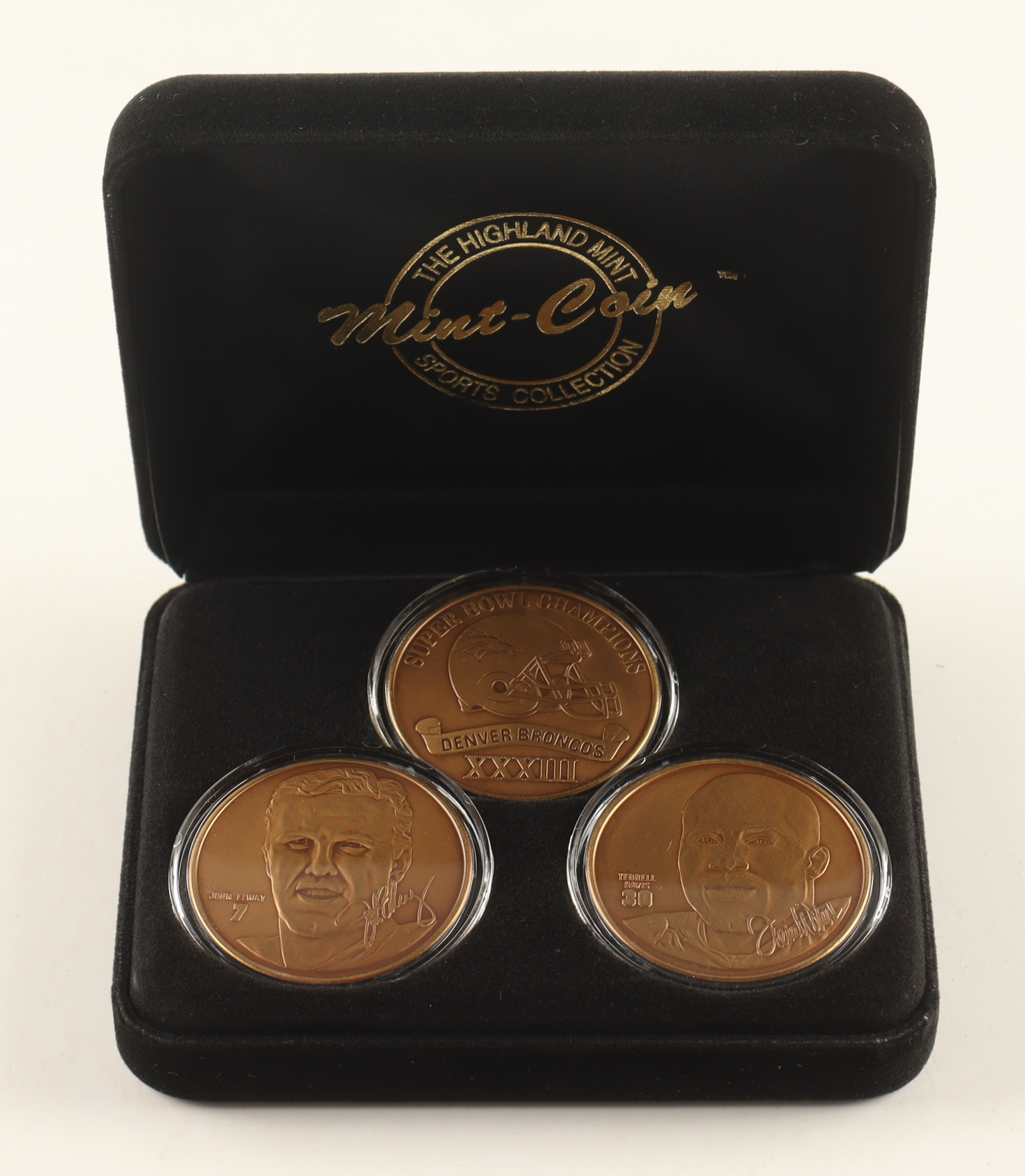 1998 LE Broncos Super Bowl XXXIII Champs Highland Mint Set of (3) Bronze Coins at PristineAuction.com 1998 LE Broncos Super Bowl XXXIII Champs Highland Mint Set of (3) Bronze Coins at PristineAuction.com