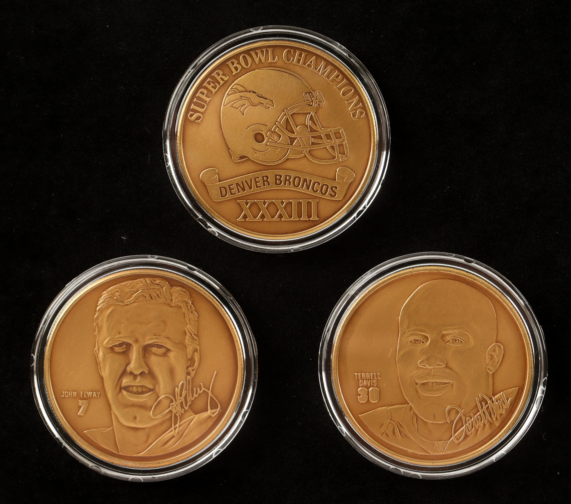 1998 LE Broncos Super Bowl XXXIII Champs Highland Mint Set of (3) Bronze Coins at PristineAuction.com 1998 LE Broncos Super Bowl XXXIII Champs Highland Mint Set of (3) Bronze Coins at PristineAuction.com