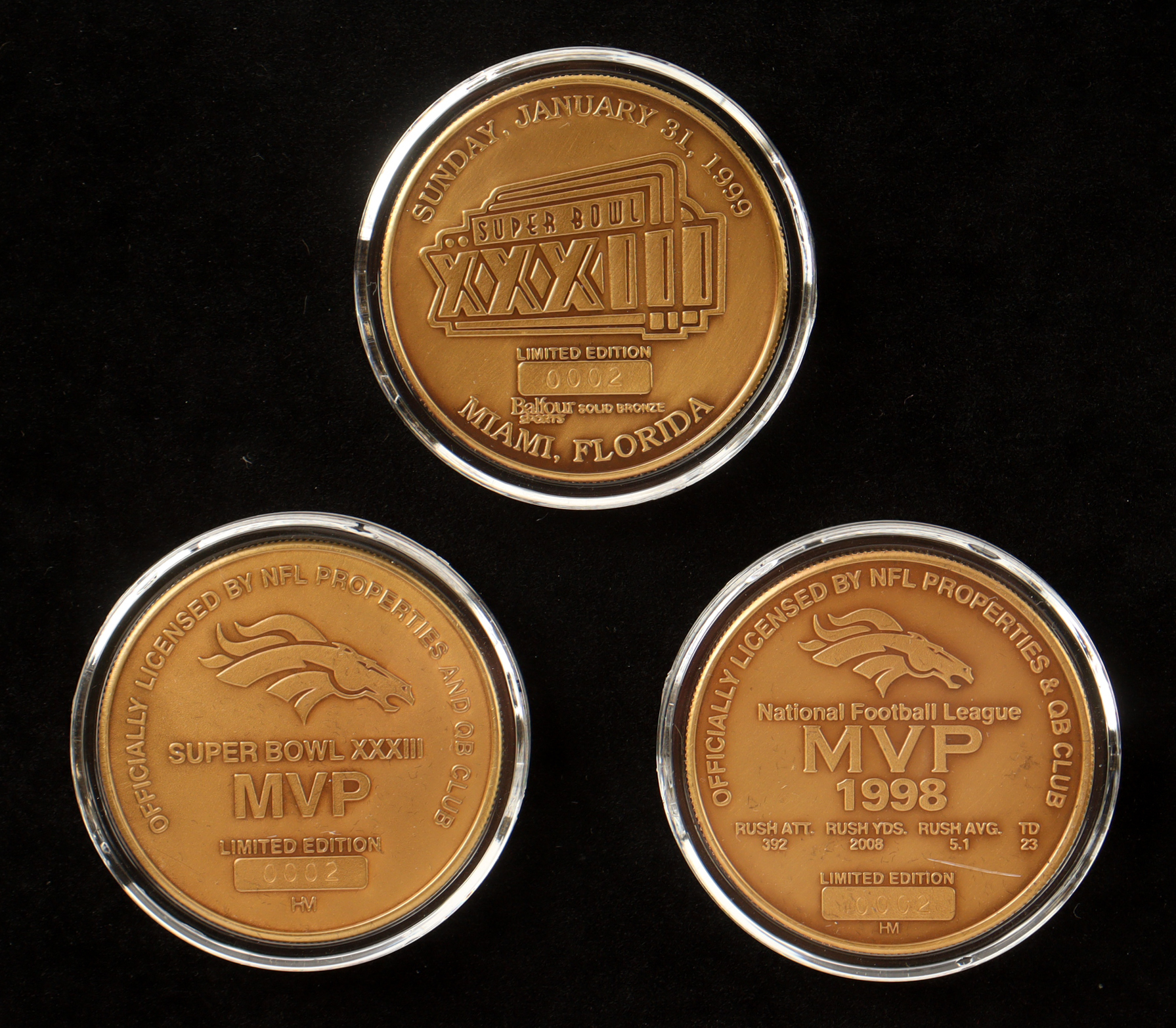 1998 LE Broncos Super Bowl XXXIII Champs Highland Mint Set of (3) Bronze Coins at PristineAuction.com 1998 LE Broncos Super Bowl XXXIII Champs Highland Mint Set of (3) Bronze Coins at PristineAuction.com