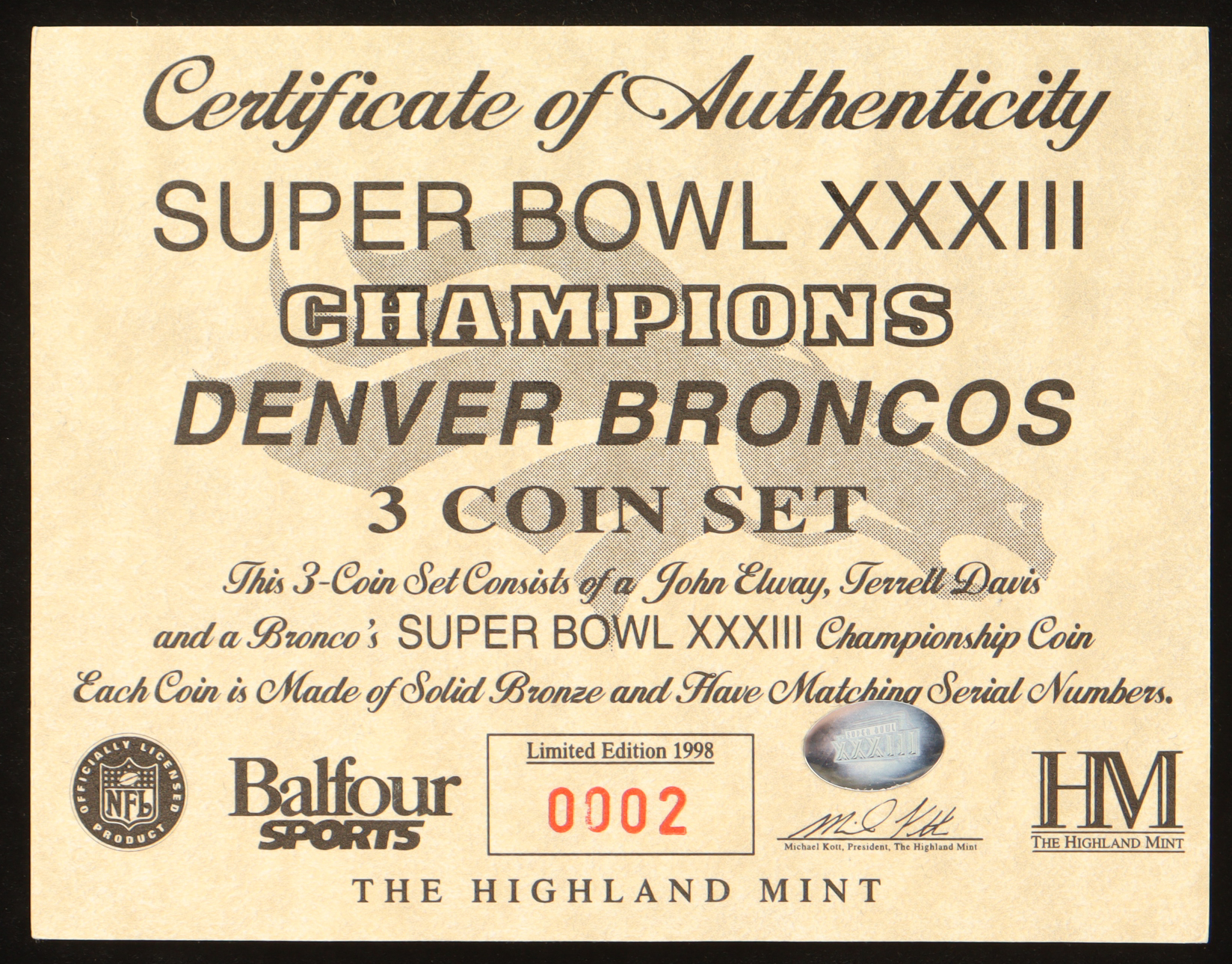 1998 LE Broncos Super Bowl XXXIII Champs Highland Mint Set of (3) Bronze Coins at PristineAuction.com 1998 LE Broncos Super Bowl XXXIII Champs Highland Mint Set of (3) Bronze Coins at PristineAuction.com