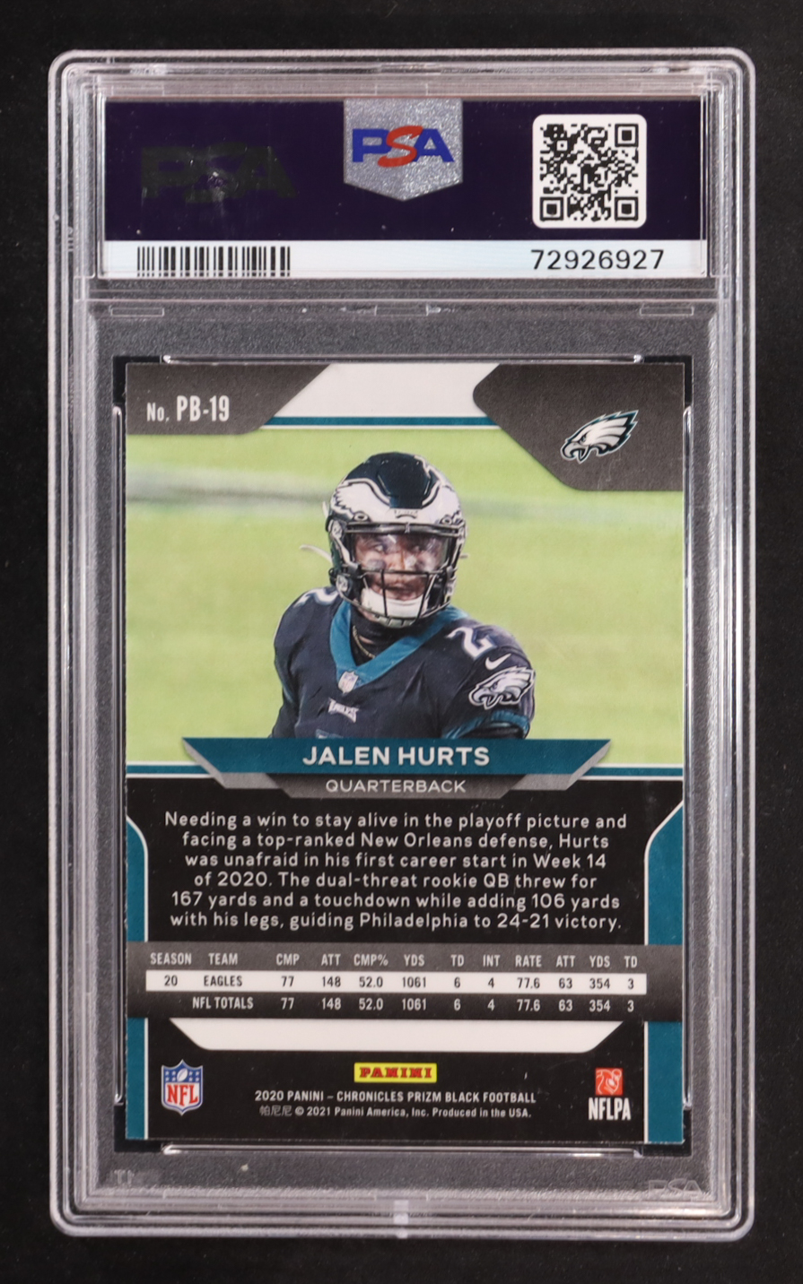 Jalen Hurts 2020 Panini Chronicles Prizm Black #PB-19 RC (PSA 10) at PristineAuction.com Jalen Hurts 2020 Panini Chronicles Prizm Black #PB-19 RC (PSA 10) at PristineAuction.com