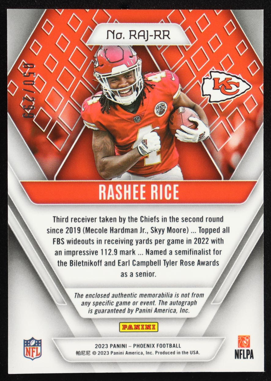 Rashee Rice 2023 Panini Phoenix Rookie Premiere Jersey Autographs #17 RC #50/299 at PristineAuction.com Rashee Rice 2023 Panini Phoenix Rookie Premiere Jersey Autographs #17 RC #50/299 at PristineAuction.com