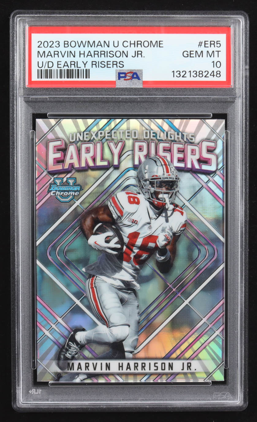 Marvin Harrison Jr. 2023 Bowman Chrome University Unexpected Delights Early Risers #ER5 (PSA 10) at PristineAuction.com Marvin Harrison Jr. 2023 Bowman Chrome University Unexpected Delights Early Risers #ER5 (PSA 10) at PristineAuction.com