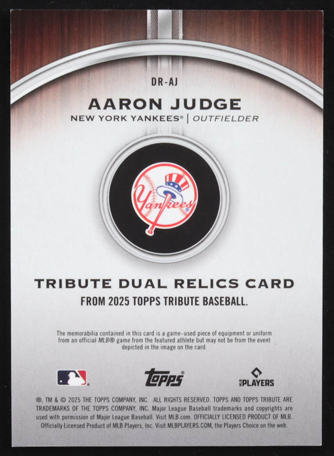 Aaron Judge 2025 Topps Tribute Dual Relics #DRAJ #124/199 at PristineAuction.com Aaron Judge 2025 Topps Tribute Dual Relics #DRAJ #124/199 at PristineAuction.com