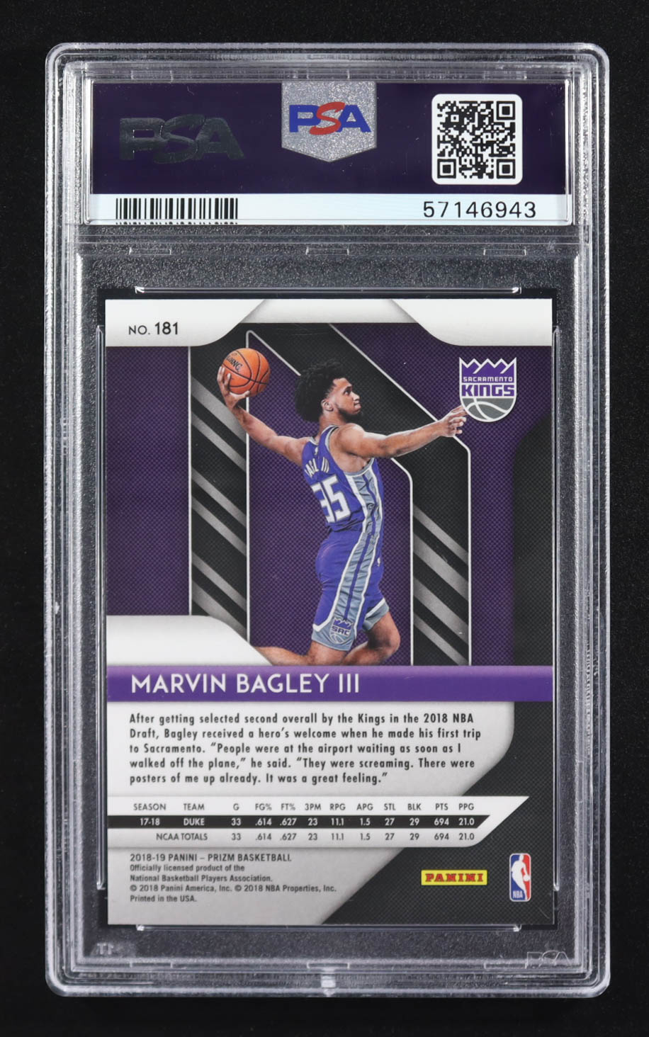 Marvin Bagley III 2018-19 Panini Prizm #181 RC (PSA 10) at PristineAuction.com Marvin Bagley III 2018-19 Panini Prizm #181 RC (PSA 10) at PristineAuction.com